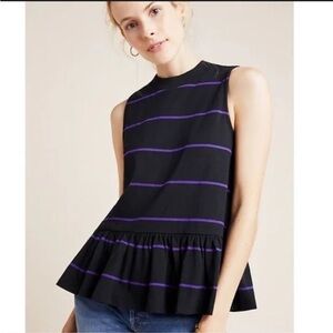 NWT Anthropologie Hildi Black Purple Striped Knit Peplum Top Mock Neck Size S
